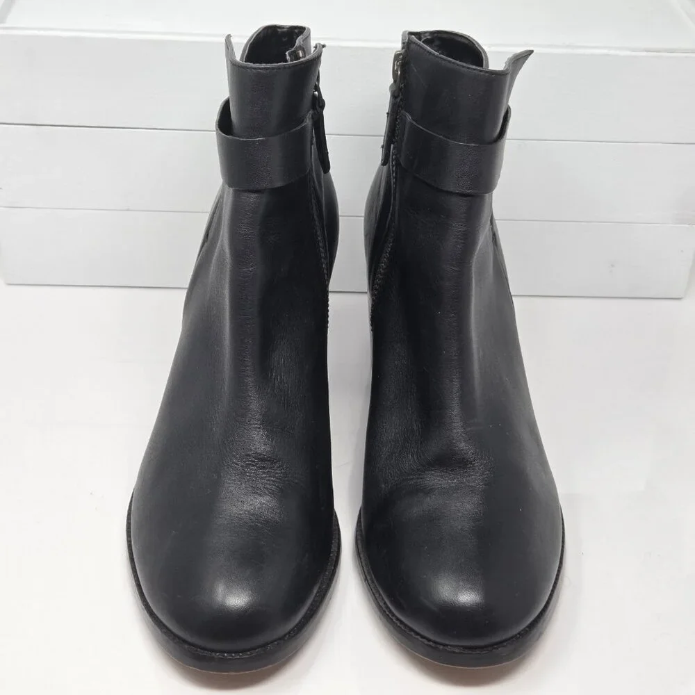 Halogen Womens 8.5 Boots Leather Black Ankle Booties Block Heel Strap Almond Toe